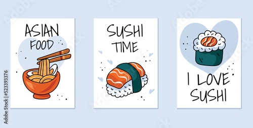 Sushi cute japanese food banner poster cards concept collection set. Vector graphic design illustration