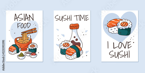 Sushi cute japanese food banner poster cards concept collection set. Vector graphic design illustration