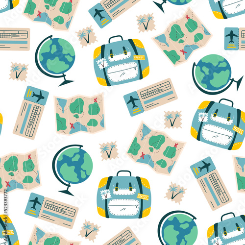 Travel element doodle seamless vacation pattern journey banner poster abstract concept. Vector graphic design illustration