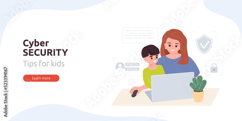 Cyber security web banner or landing page. Mom teaches child cyber security on the Internet. Cyber defense tips for kids. Safe internet concept. Woman sits with child at laptop. Vector illustration.