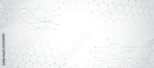 Wide Sci-fi template with polygons. Futuristic illustration. Abstract hexagon science on the grey background. Hi-tech digital technology and engineering concept.