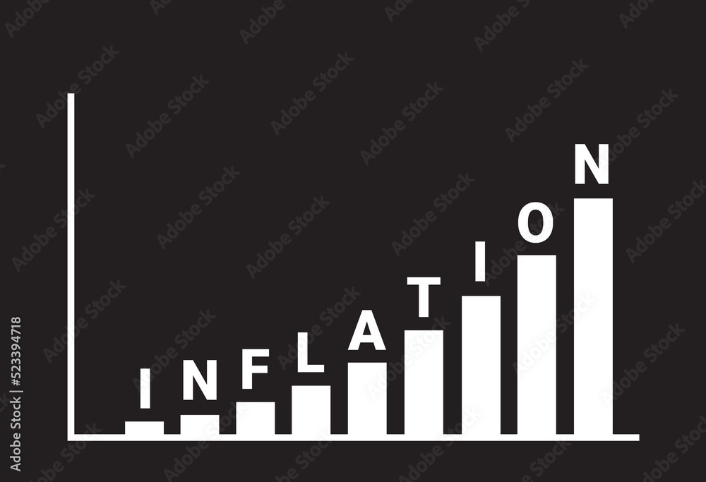 Inflation - chart, diagram and graph with letters. Values are expanding, growing and rising. Metaphor of rise, expansion and grow of price and cost. Vector illustration isolated on black..