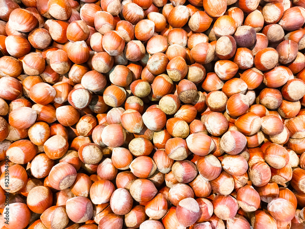 Unpeeled raw hazelnuts background. Top view. Unpeeled raw hazelnuts background. Top view.