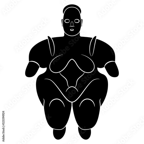 Neolithic goddess from Çatalhöyük, Turkey. Ancient Great mother sculpture. Fat naked woman. Black and white negative silhouette.