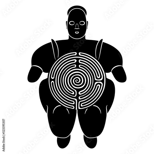 Ancient female figurine with a round spiral maze or labyrinth symbol inside her body. Great mother archetype. Black and white silhouette. Neolithic fertility goddess from Çatalhöyük, Turkey.