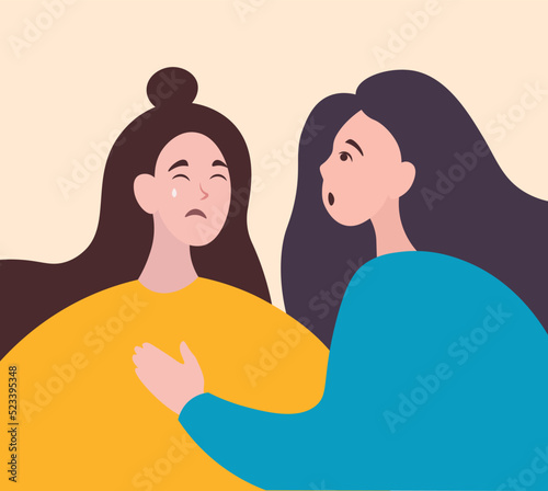 friendly support concept. The girl shares her experiences, and the interlocutor supports her. vector illustration. Support from friends and family. A young woman comforts her crying best friend. 