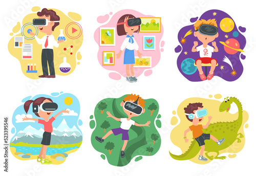 Children with VR glasses. Kids digital education and entertainment. Virtual game or training. Electronic gadgets. Augmented reality world. Cyber simulation headset. Splendid vector set