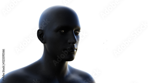 3D render. Portrait of a black bald man on a white background. 