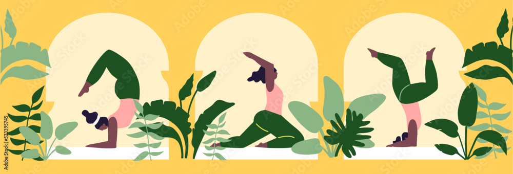 Women exercising yoga vector illustration. Yogis in poses, woman practicing asana texture background of abstract tropical leaves.  Concept summer yoga. Cartoon flat style. Healthy lifestyle