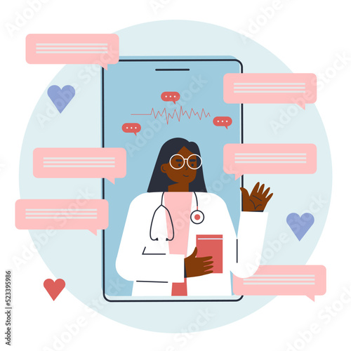 Smartphone screen with female therapist chatting in messenger and online consultation. Ask a doctor. Vector flat illustration. Online medical consultation, telemedicine, cardiology. Banner photo