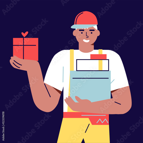 Company courier hold box with products, food, electronics. Order online delivery for commercial and private interests. Vector illustration in cartoon style