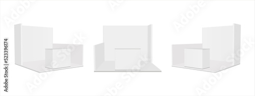Set of Blank Exhibition Trade Show Booths Mockup with Demonstrations Tables, Front and Side View. Vector Illustration