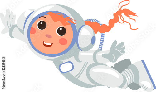 Girl in space suit flying. Smiling cartoon kid