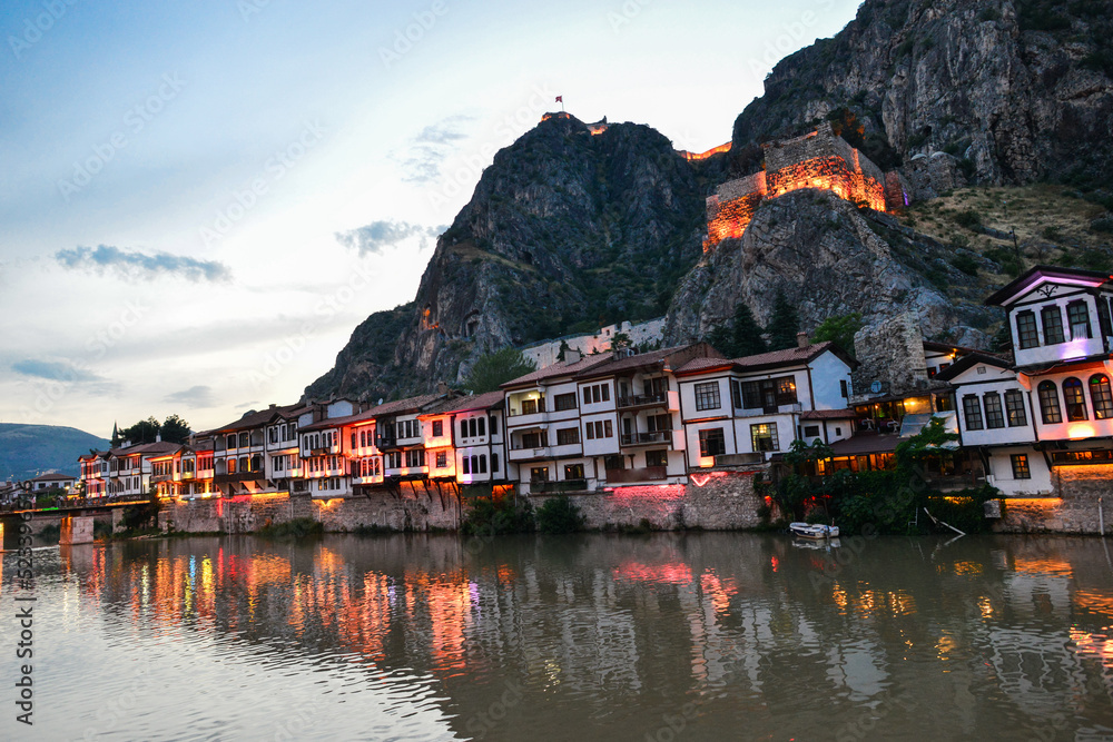 Historic mansions in Amasya in the evening in Turkey - Amasya is located in the north of Anatolia, in the inner part of the Middle Black Sea Region.
