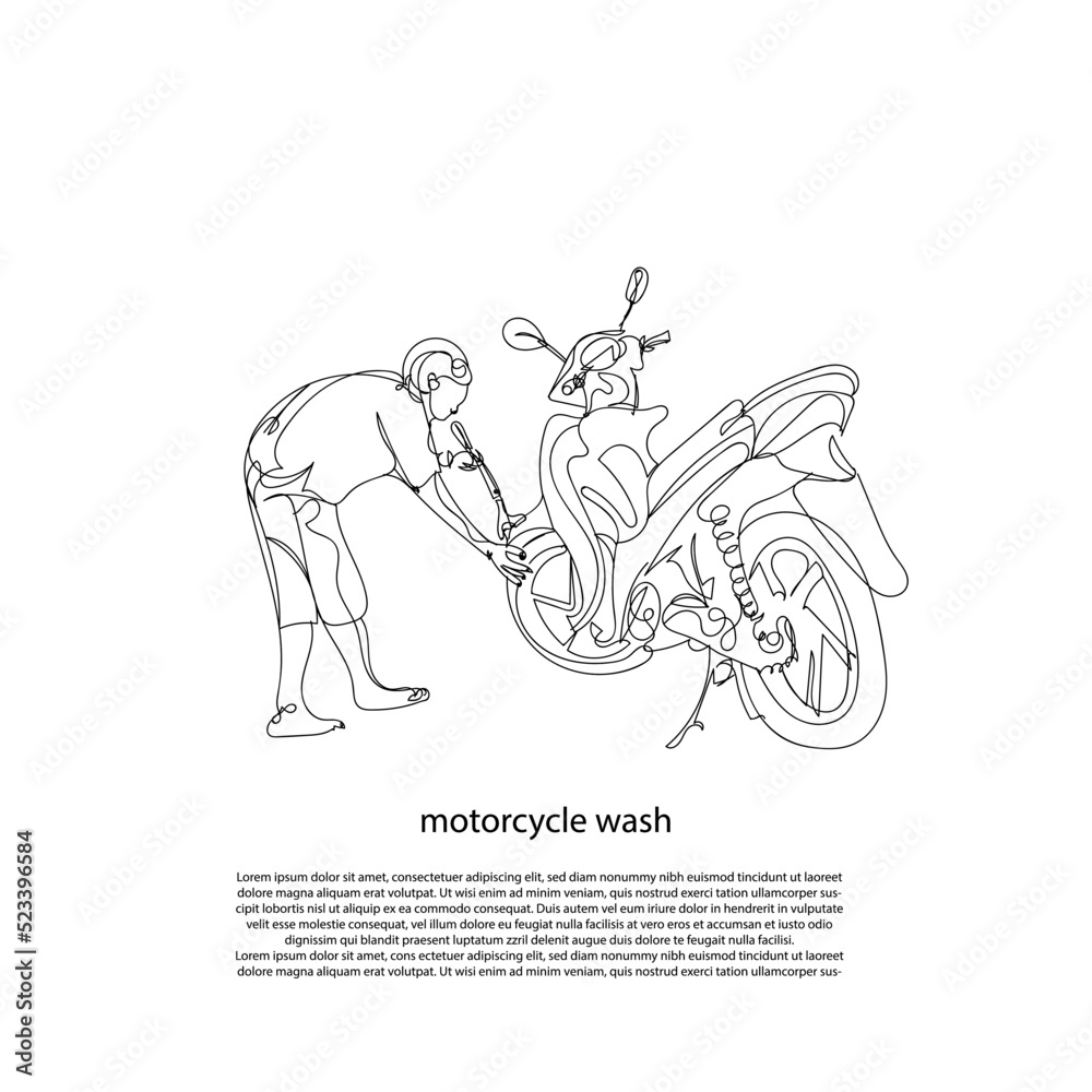 continuous line of motorcycle washing. line art of people washing motorbikes