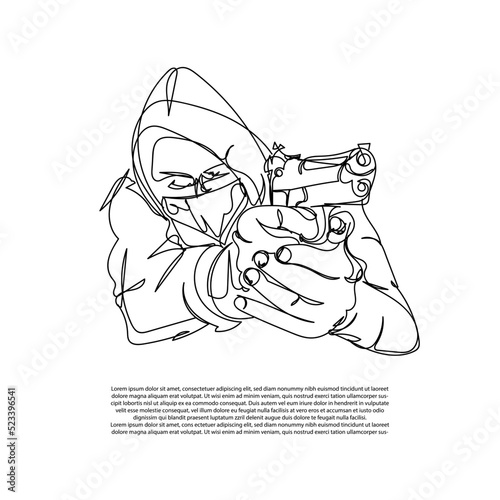 line art of criminals pointing guns. continuous line of evil mysterious people with firearms