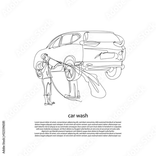 continuous line of car washing. line art of people washing cars