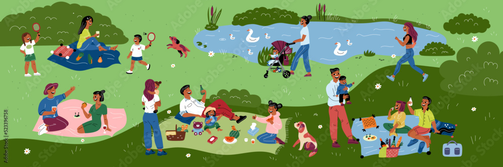 Obraz premium Park picnic. Happy people with kids on nature. Families eat and drink on grass. Moms walk with babies. Romantic lunch. Couples relax on blankets. Outdoor vacation. Garish vector concept