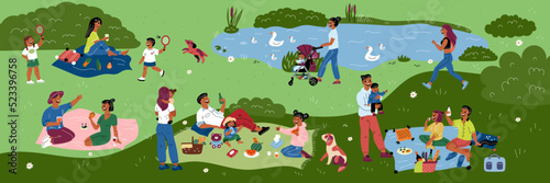 Park picnic. Happy people with kids on nature. Families eat and drink on grass. Moms walk with babies. Romantic lunch. Couples relax on blankets. Outdoor vacation. Garish vector concept