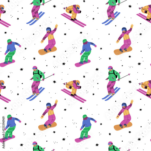 Seamless winter sports pattern. Snowboarders or skiers on snow. Professional athletes in equipment. Teenagers extreme activities. Skiing or snowboarding people. Garish vector background