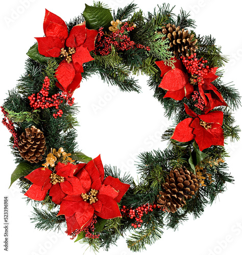 Festive Christmas Pine Wreath With Poinsettias photo
