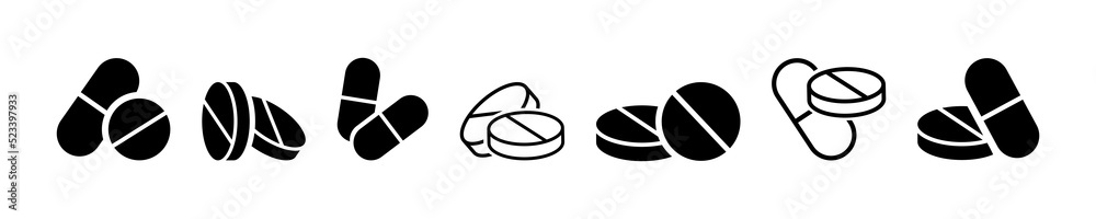 Set of pills vector icons set. Tablet or capsule on white background. Medicaments icon. Antibiotic or vitamin. Set of pills vector icons set. Tablet or capsule on white background. Medicaments icon. Antibiotic or vitamin.