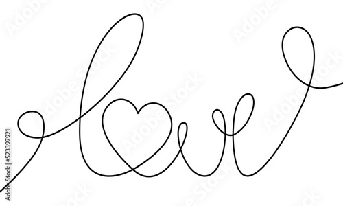 Lettering love. One continuous from hand drawing text. Handwritten text love and heart. Vector background.
