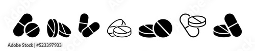 Set of pills vector icons set. Tablet or capsule on white background. Medicaments icon. Antibiotic or vitamin.