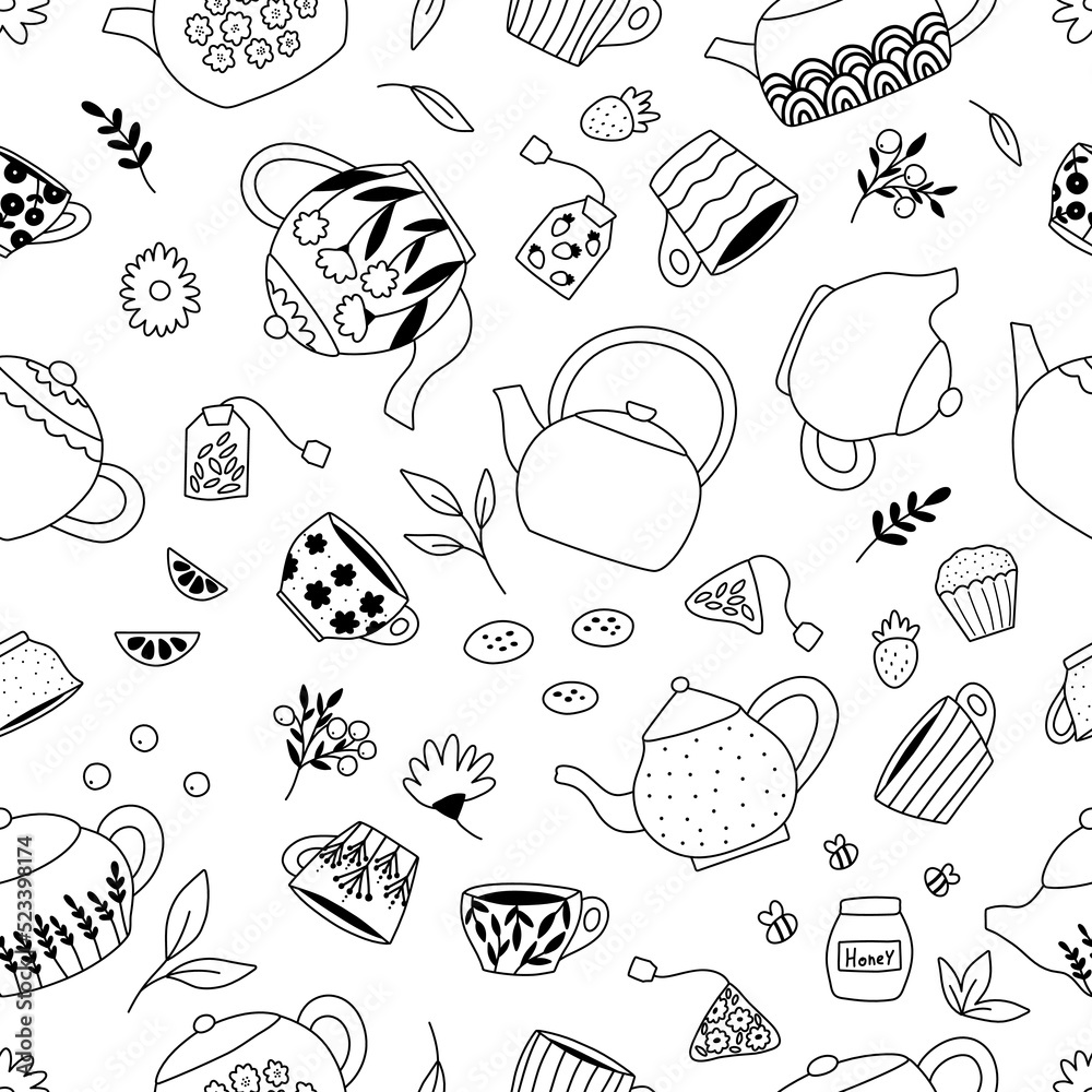 Doodle seamless pattern with tea pots, cups, mugs, leaves, flowers, berries and sweets. Hand drawn coloring page. Outline dishes. Black and white vector illustration.