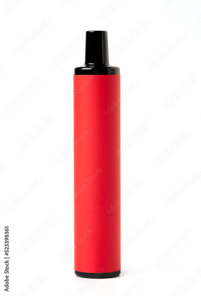 Red disposable electronic cigarette on a white background. The concept of modern smoking, vaping and nicotine.
