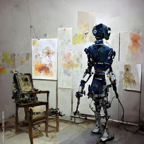 anthropomorphic robot artist in the studio next to the easel, painting and paints while working - neural network generated art, picture produced with ai in 2022 photo