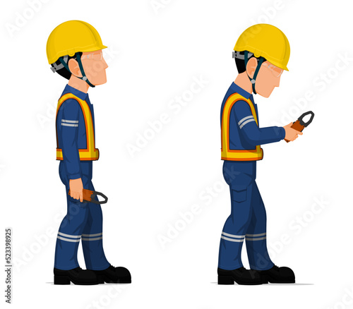 Industrial workers with clamp meter on white background © heavypong