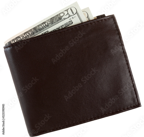 Overhead View Of Brown Leather Wallet With Money photo