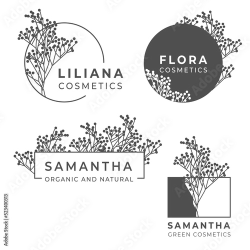 Set of women logos with flowers and leafs. Minimal linear style. Vector floral emblem and icon for beauty salon, spa, bridal boutiques, photographers, fashion shop, flower shop. 