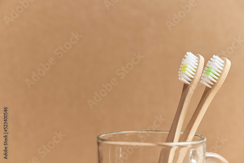 Pair of ecological bamboo toothbrushes in a glass cup. Concepts  sustainable lifestyle  use of compostable and environmentally friendly materials  zero plastics. Studio shot with copy space.