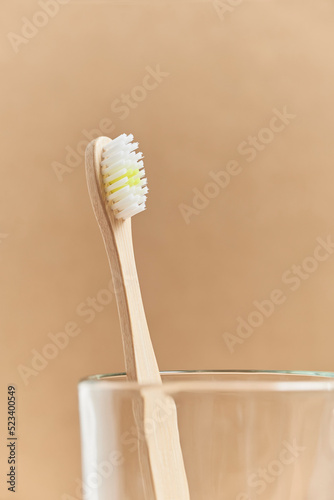 Ecological bamboo toothbrush in a glass cup. Concepts  sustainable lifestyle  use of compostable and environmentally friendly materials  zero plastics. Minimalist studio shot with copy space.