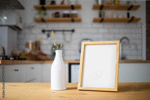 empty frame on modern kitchen table mock up space for your text