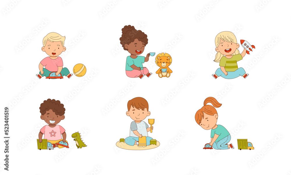 Happy Children Playing Toy in the Nursery Vector Illustration Set Happy Children Playing Toy in the Nursery Vector Illustration Set