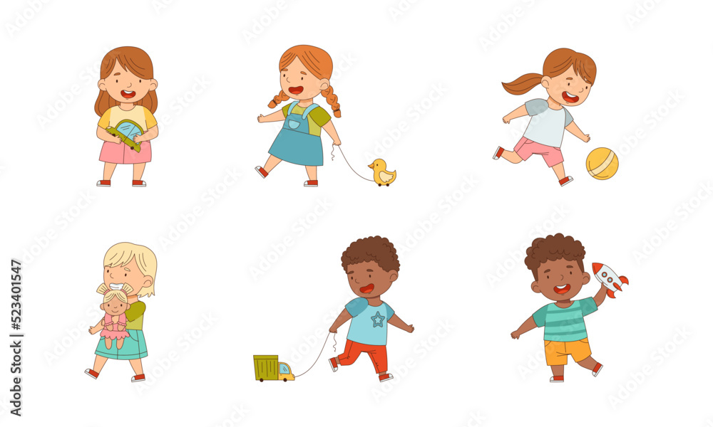 Happy Children Playing Toy in the Nursery Vector Illustration Set Happy Children Playing Toy in the Nursery Vector Illustration Set
