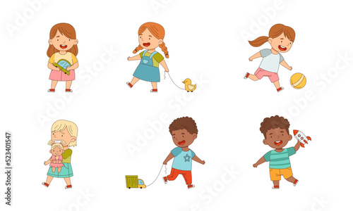 Happy Children Playing Toy in the Nursery Vector Illustration Set