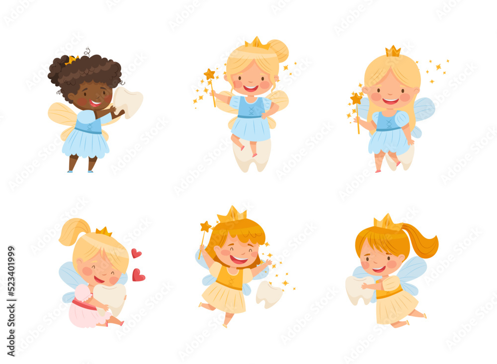 Cute Little Tooth Fairy with Baby Teeth and Wand Vector Set Cute Little Tooth Fairy with Baby Teeth and Wand Vector Set