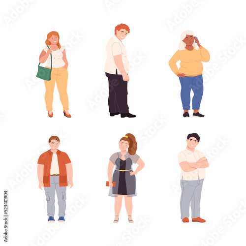 People Characters with Corpulent Body in Standing Pose Vector Illustration Set