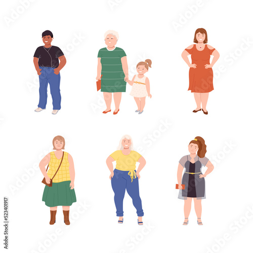People Characters with Corpulent Body in Standing Pose Vector Illustration Set