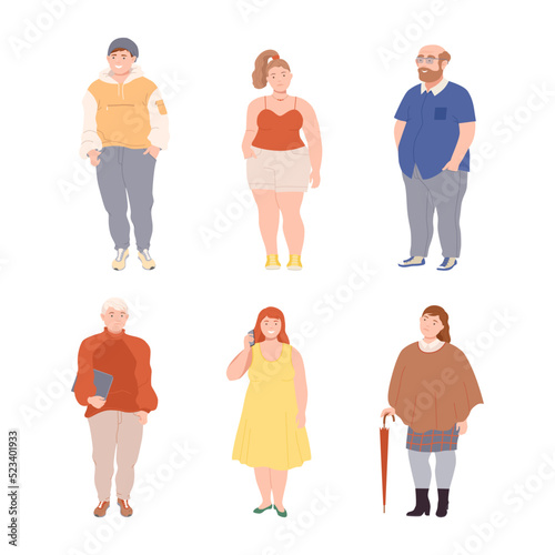 People Characters with Corpulent Body in Standing Pose Vector Illustration Set