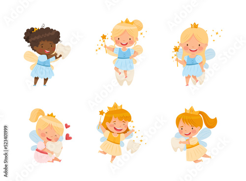Cute Little Tooth Fairy with Baby Teeth and Wand Vector Set