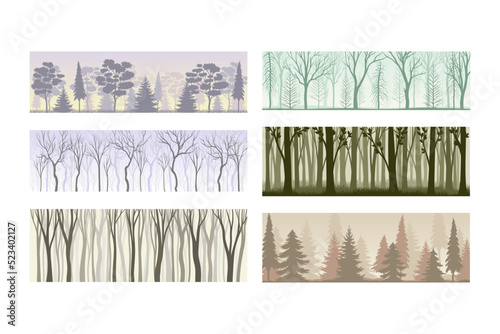 Tree Silhouette with Tall Trunk and Branched Top as Misty Forest Horizontal Backdrop Vector Set