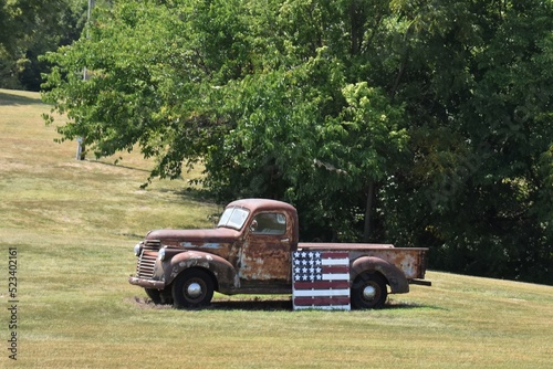 American Flag Decoration by a Vintage Truck