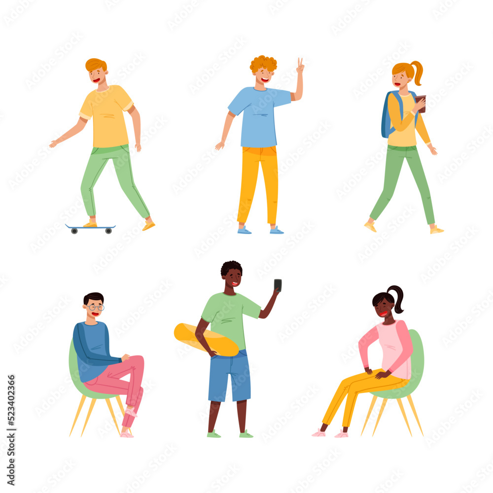 Teenager Boy and Girl in Casual Wear Greeting, Skateboarding and Sitting on Chair Laughing Vector Illustration Set Teenager Boy and Girl in Casual Wear Greeting, Skateboarding and Sitting on Chair Laughing Vector Illustration Set