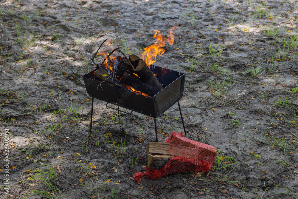 Brazier with burning firewood in nature in the forest