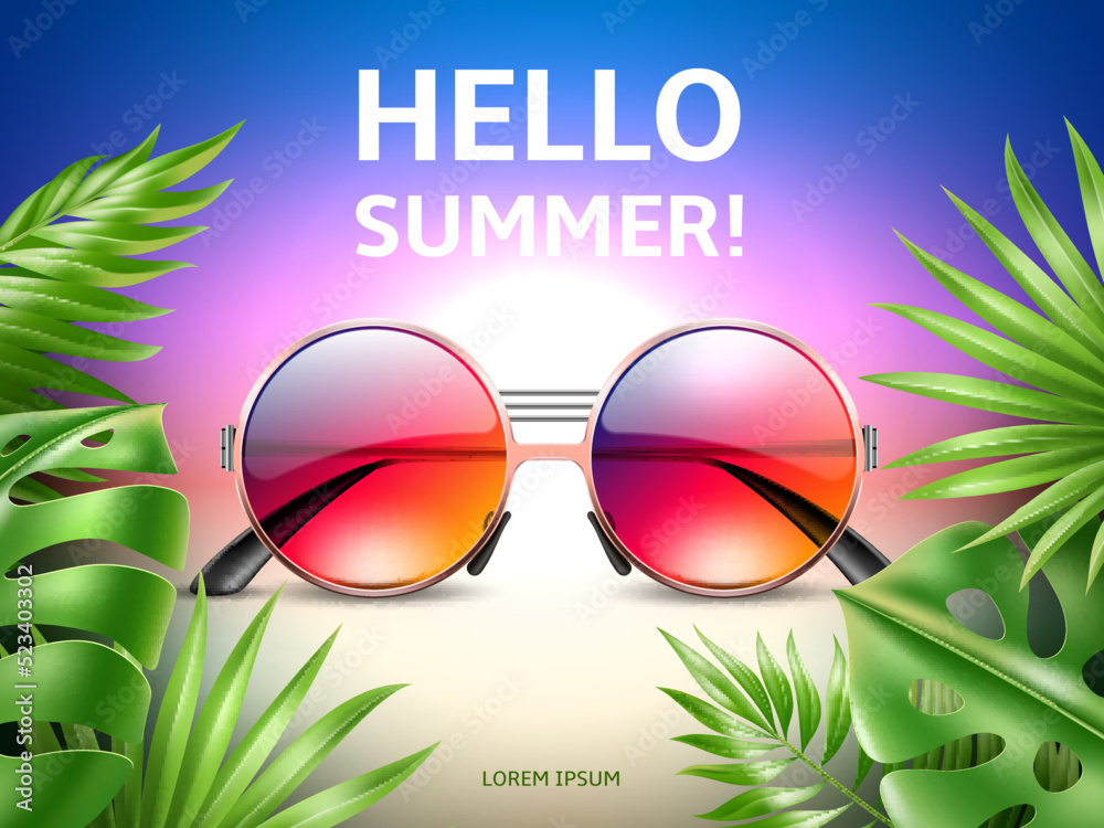 Hello summer sunglasses poster. Realistic color eyewear with green palm